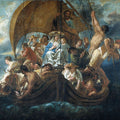 The Holy Family with characters and animals in a boat 