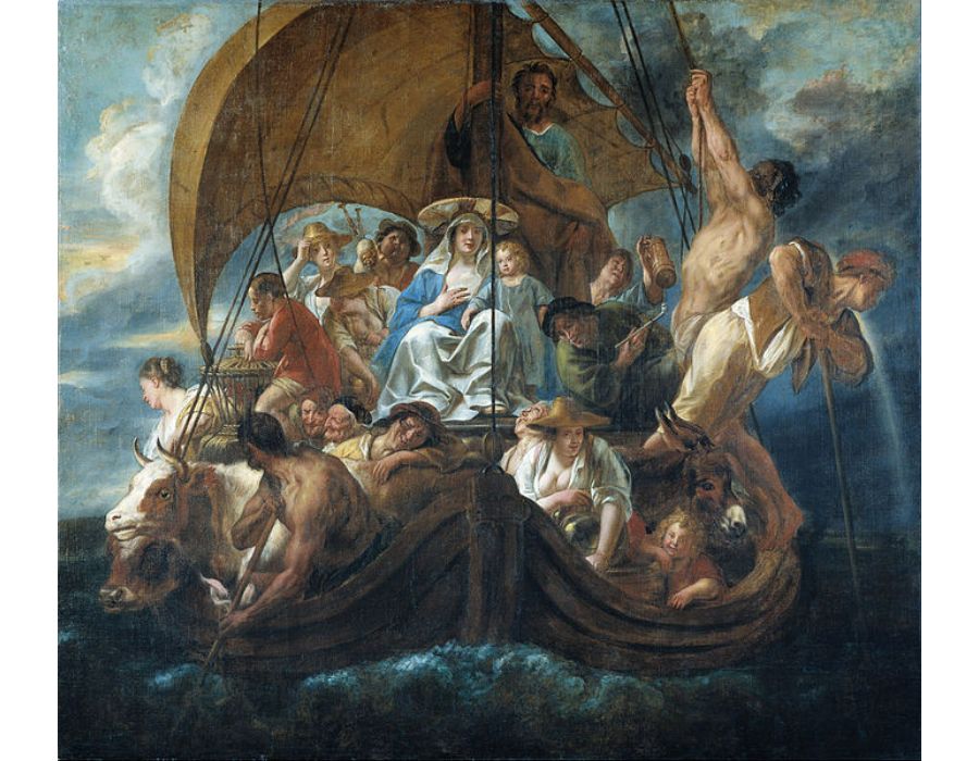 The Holy Family with characters and animals in a boat 
