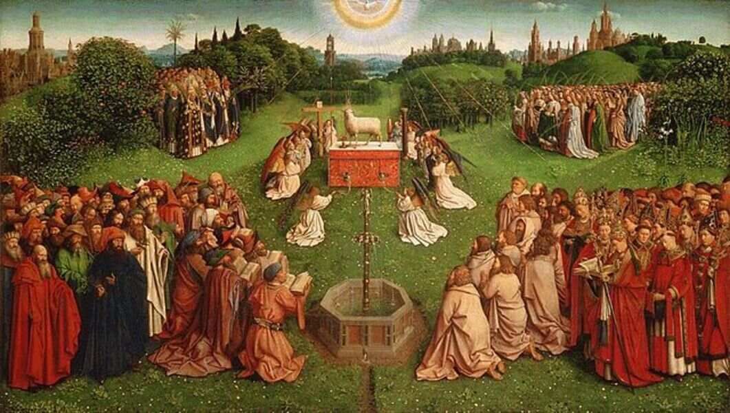 The Ghent Altarpiece- Adoration of the Lamb (detail 1) 1425-29 