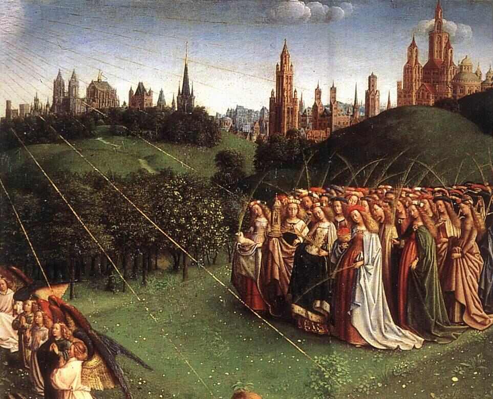 The Ghent Altarpiece, Adoration of the Lamb [detail top right 1] 