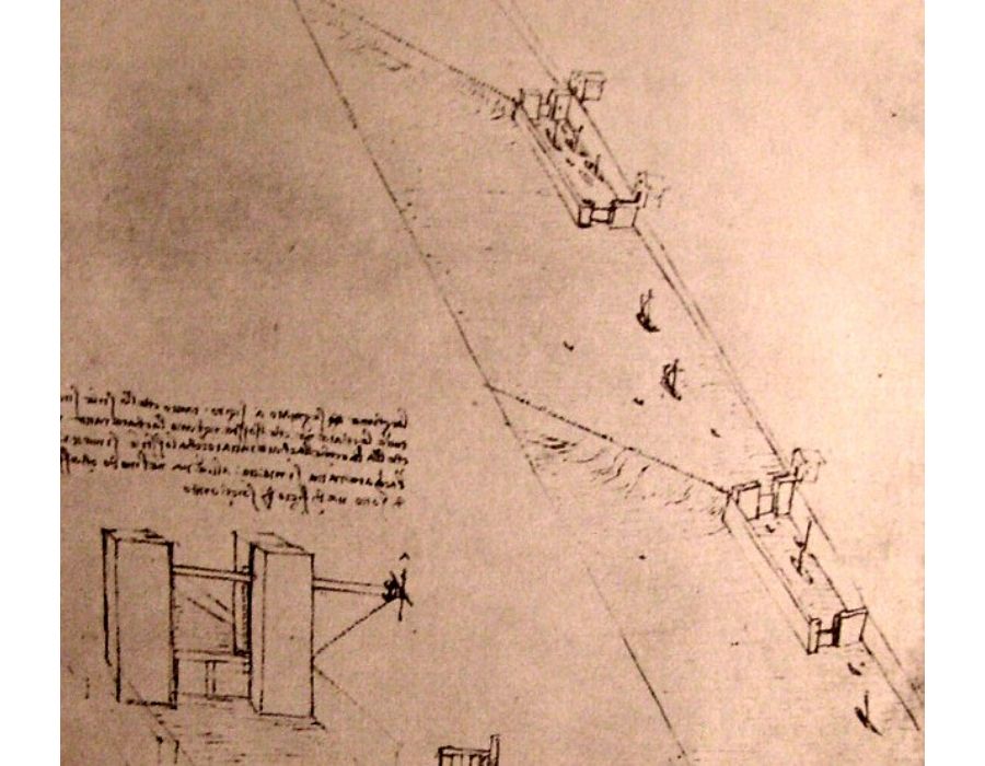 Drawing of locks on a river
