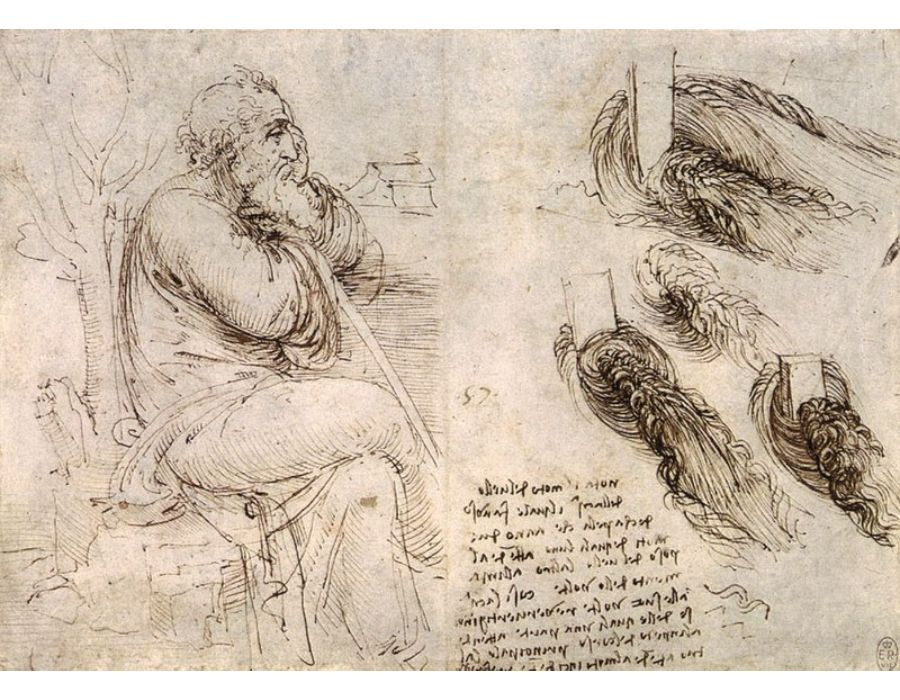 A seated man, and studies and notes on the movement of water
