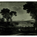 An Italianate river landscape with figures dancing and making music on a bank, a town beyond 