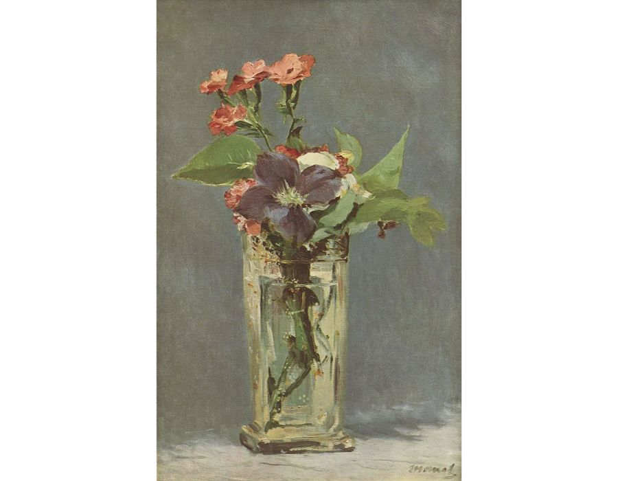Pinks and Clematis in a Crystal Vase 