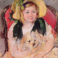 Sara With Her Dog In An Armchair Wearing A Bonnet With A Plum Ornament 