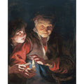 A Night Scene With An Old Lady Holding A Basket And A Candle, A Young Boy At Her Side About To Light His Candle From Hers 