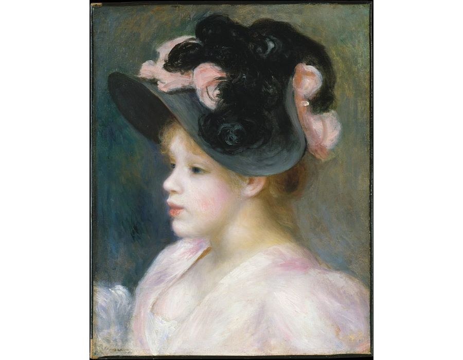 Young Girl in a Pink and Black Hat 1890s Painting