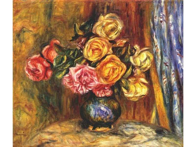 Still life, roses before blue curtain by Pierre Auguste Renoir