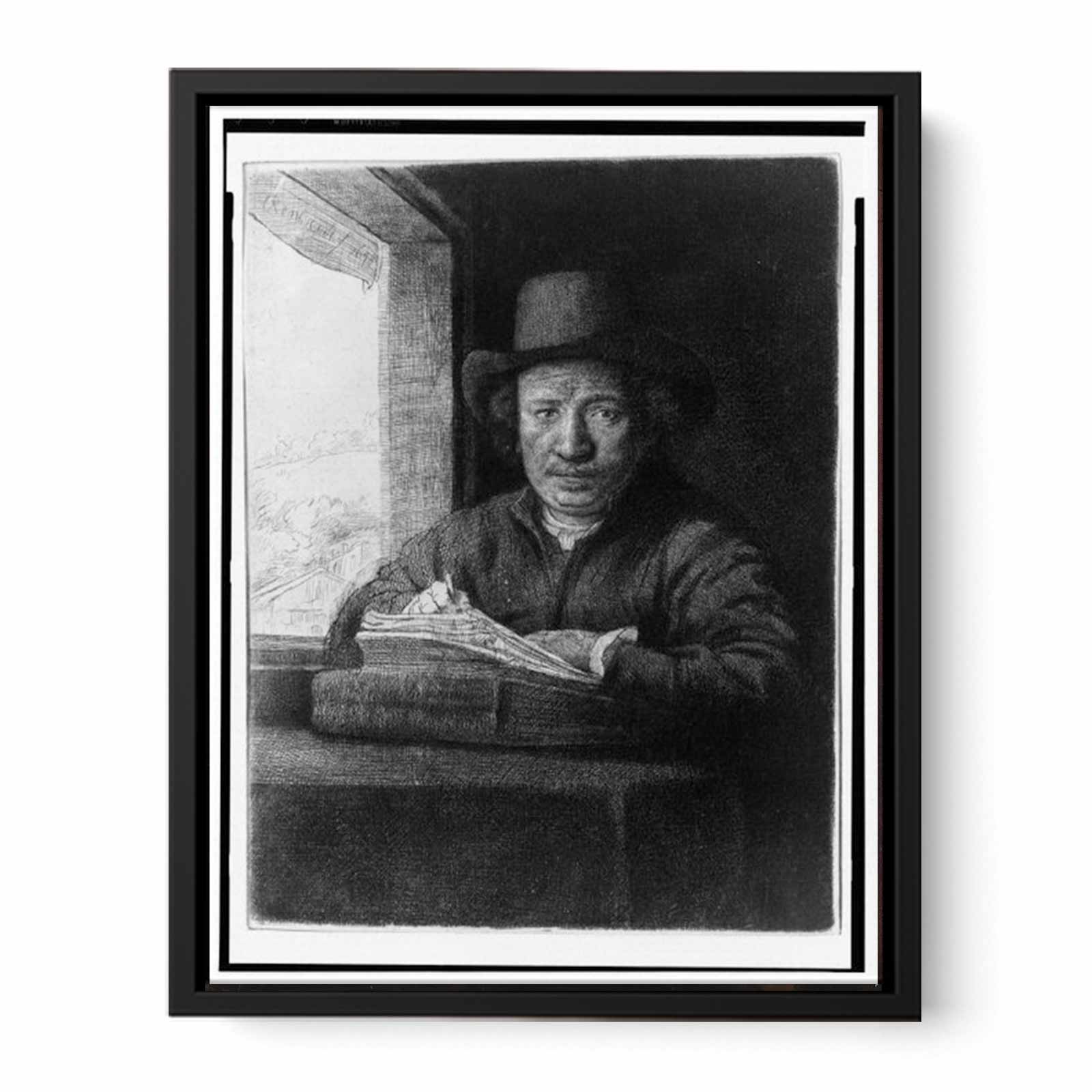 Rembrandt drawing at a window Painting