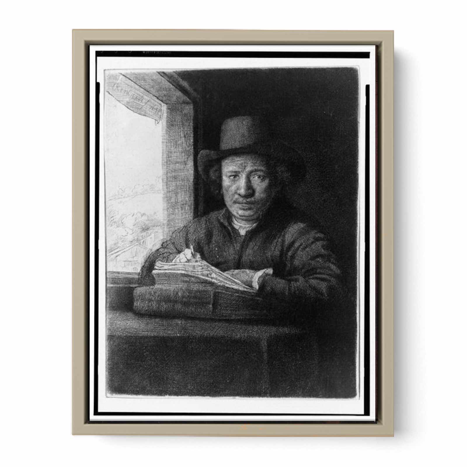 Rembrandt drawing at a window Painting