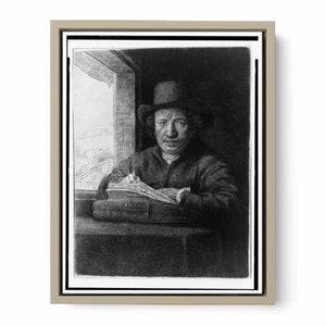 Rembrandt drawing at a window Painting