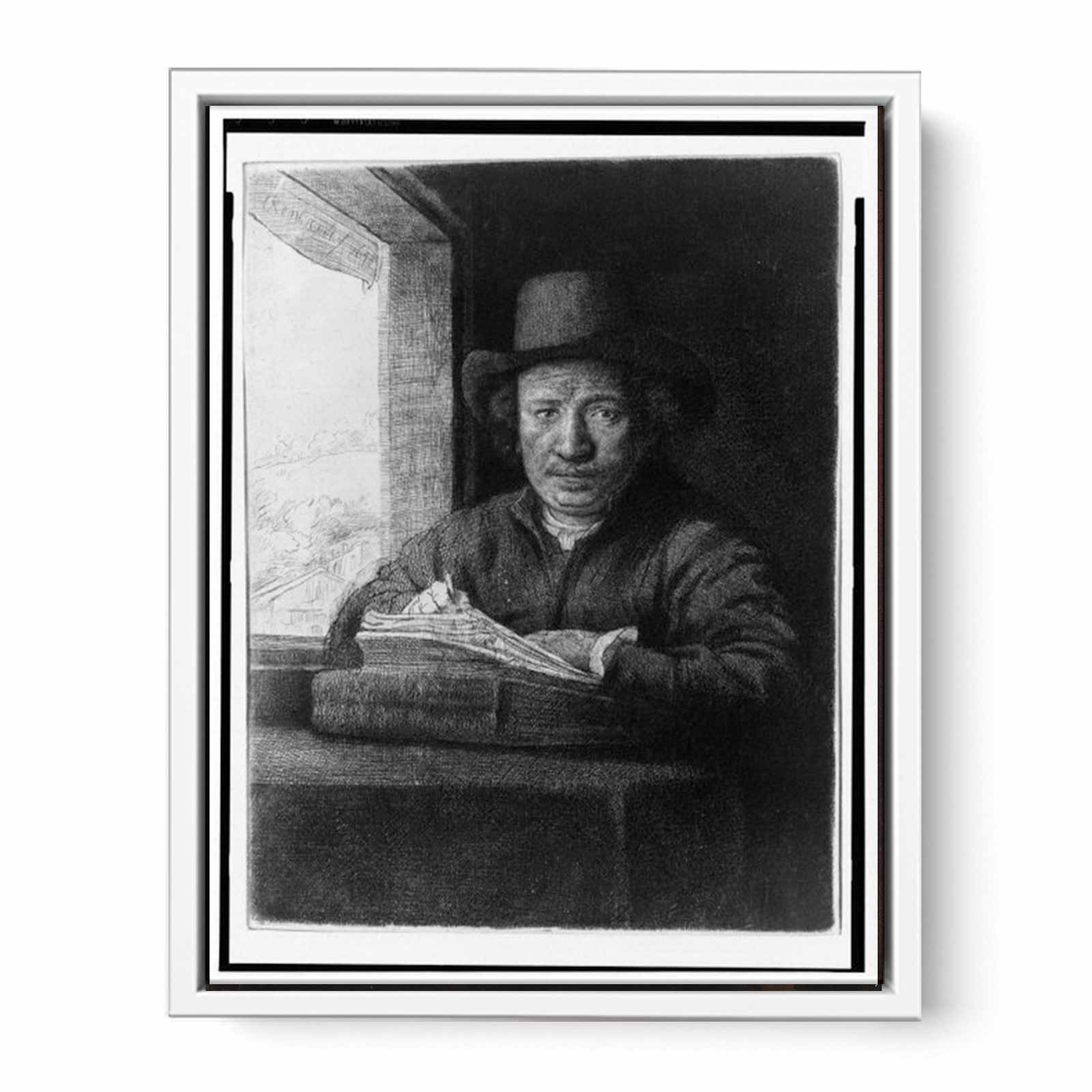 Rembrandt drawing at a window Painting