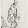 A Beggar in a high Cap, standing and leaning on a Stick 