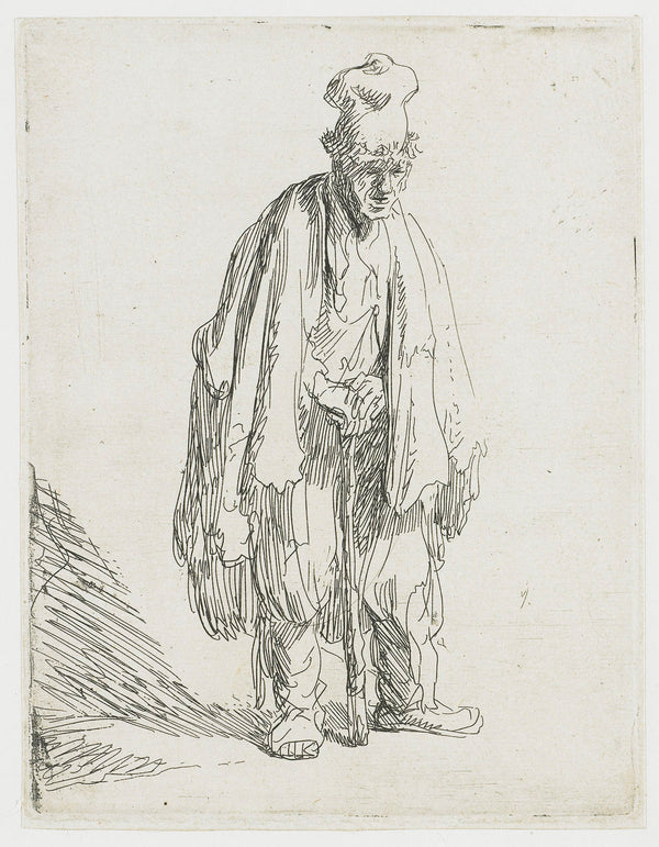 A Beggar in a high Cap, standing and leaning on a Stick 