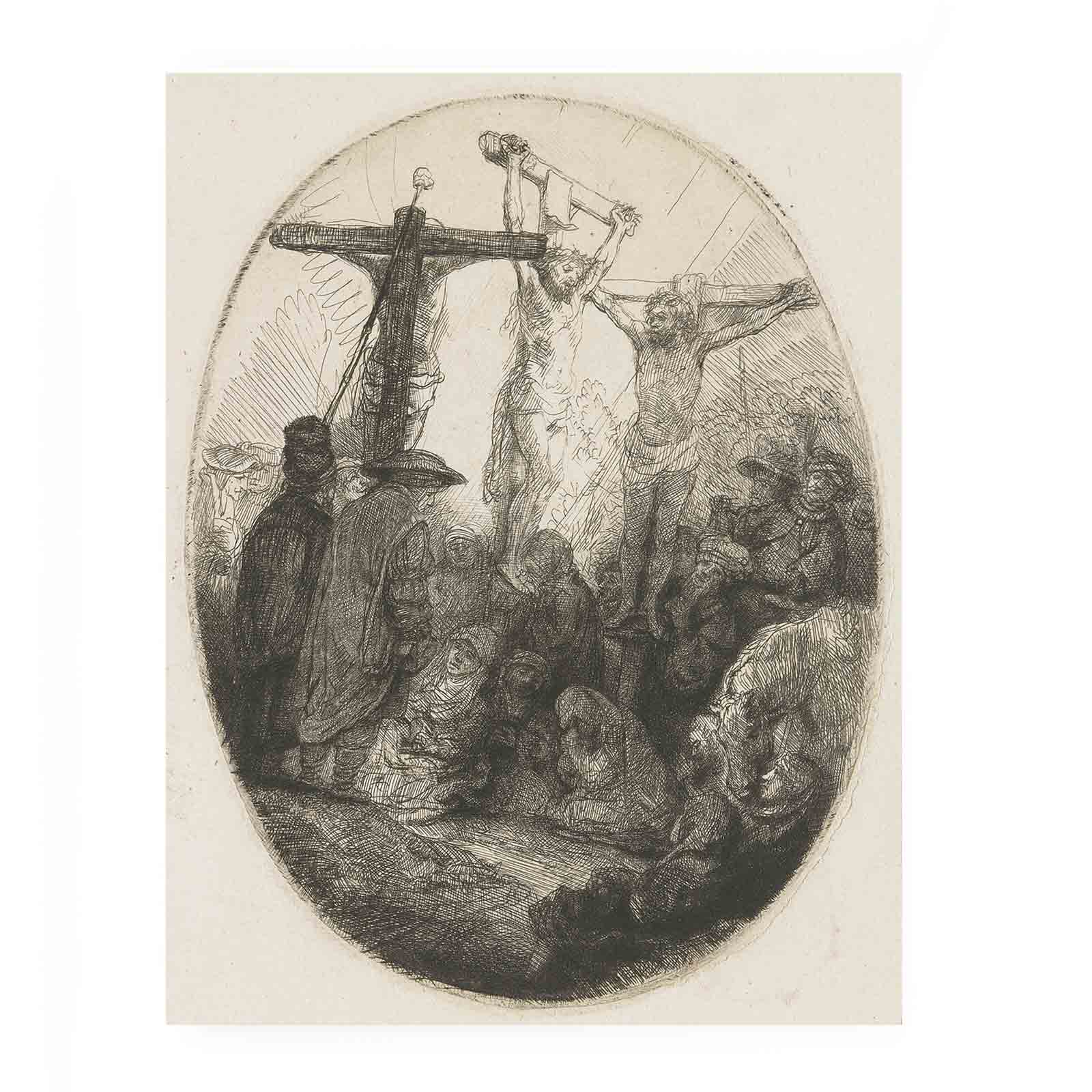 Christ crucified between the two Thieves An oval Plate Painting