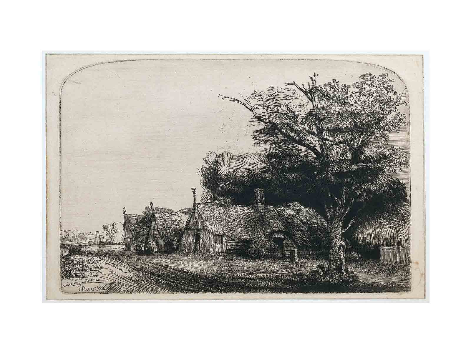 Landscape with three gabled Cottages beside a Road Painting