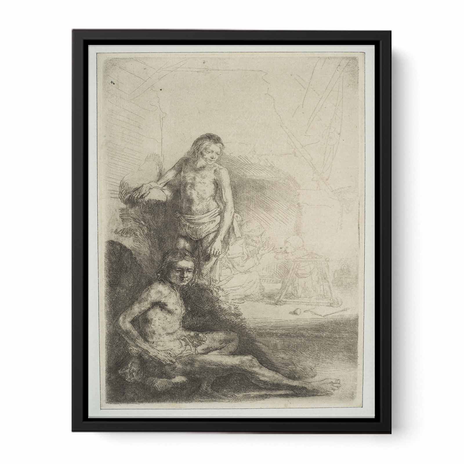 Nude Man seated and another standing, with a Woman and a Baby lightly etched in the Background Painting