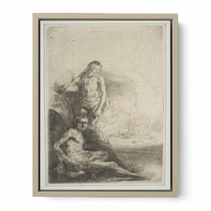 Nude Man seated and another standing, with a Woman and a Baby lightly etched in the Background Painting