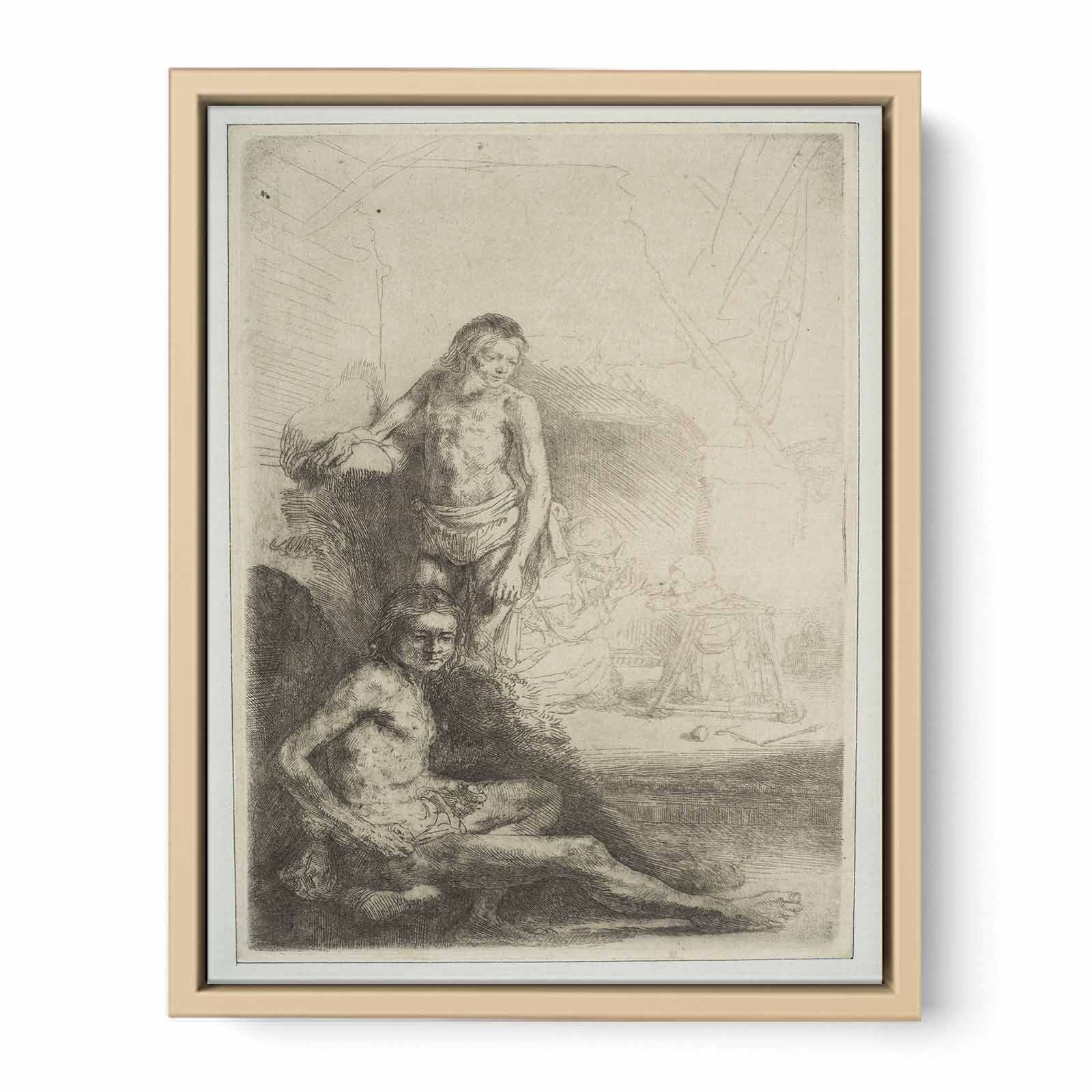 Nude Man seated and another standing, with a Woman and a Baby lightly etched in the Background Painting