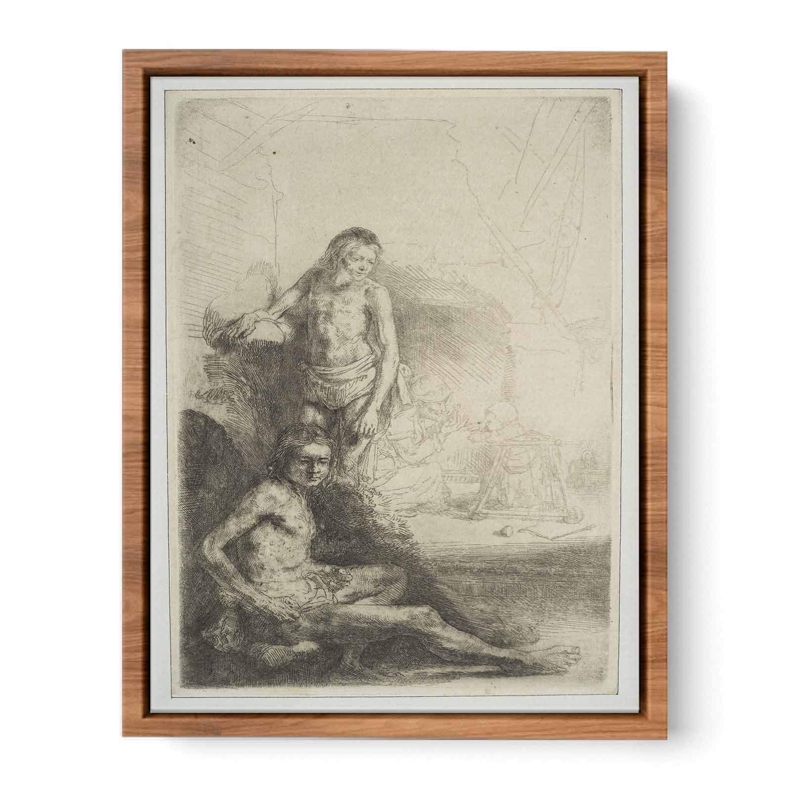 Nude Man seated and another standing, with a Woman and a Baby lightly etched in the Background Painting