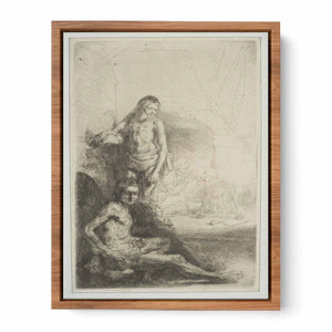 Nude Man seated and another standing, with a Woman and a Baby lightly etched in the Background Painting