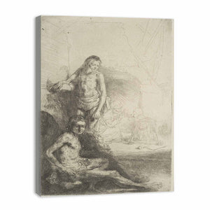 Nude Man seated and another standing, with a Woman and a Baby lightly etched in the Background Painting