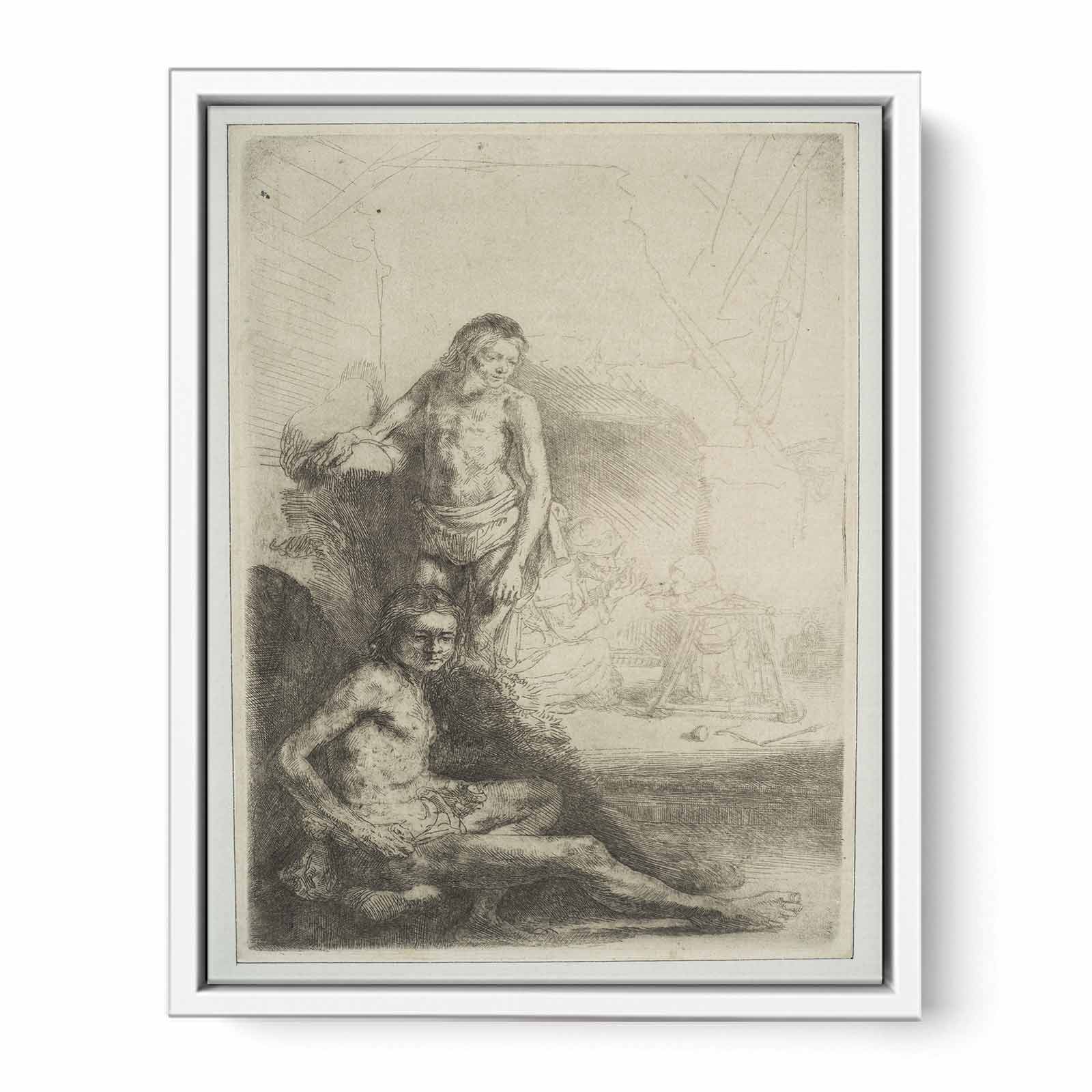 Nude Man seated and another standing, with a Woman and a Baby lightly etched in the Background Painting
