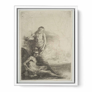 Nude Man seated and another standing, with a Woman and a Baby lightly etched in the Background Painting