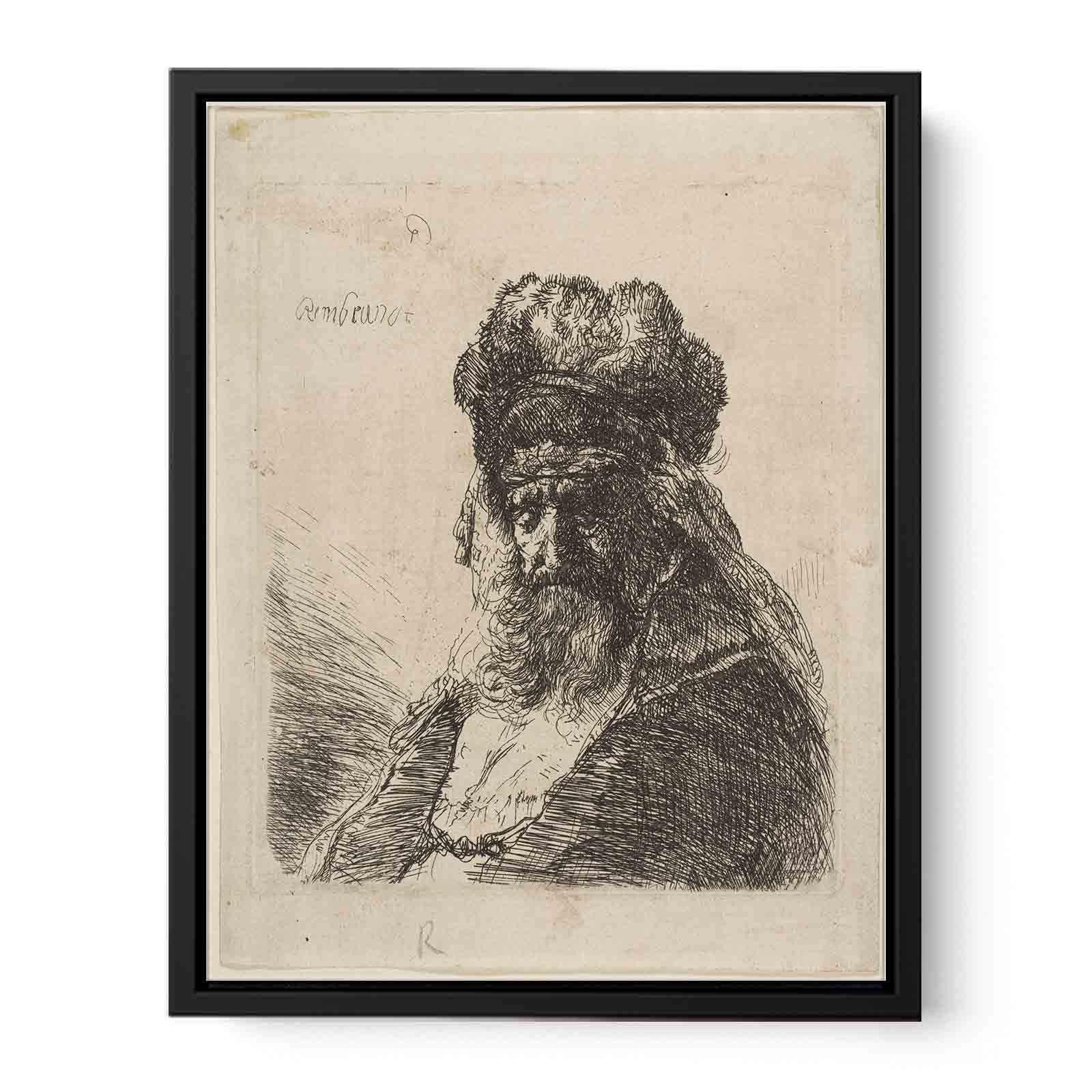 An old bearded Man in a high Fur Cap, with Eyes closed Painting
