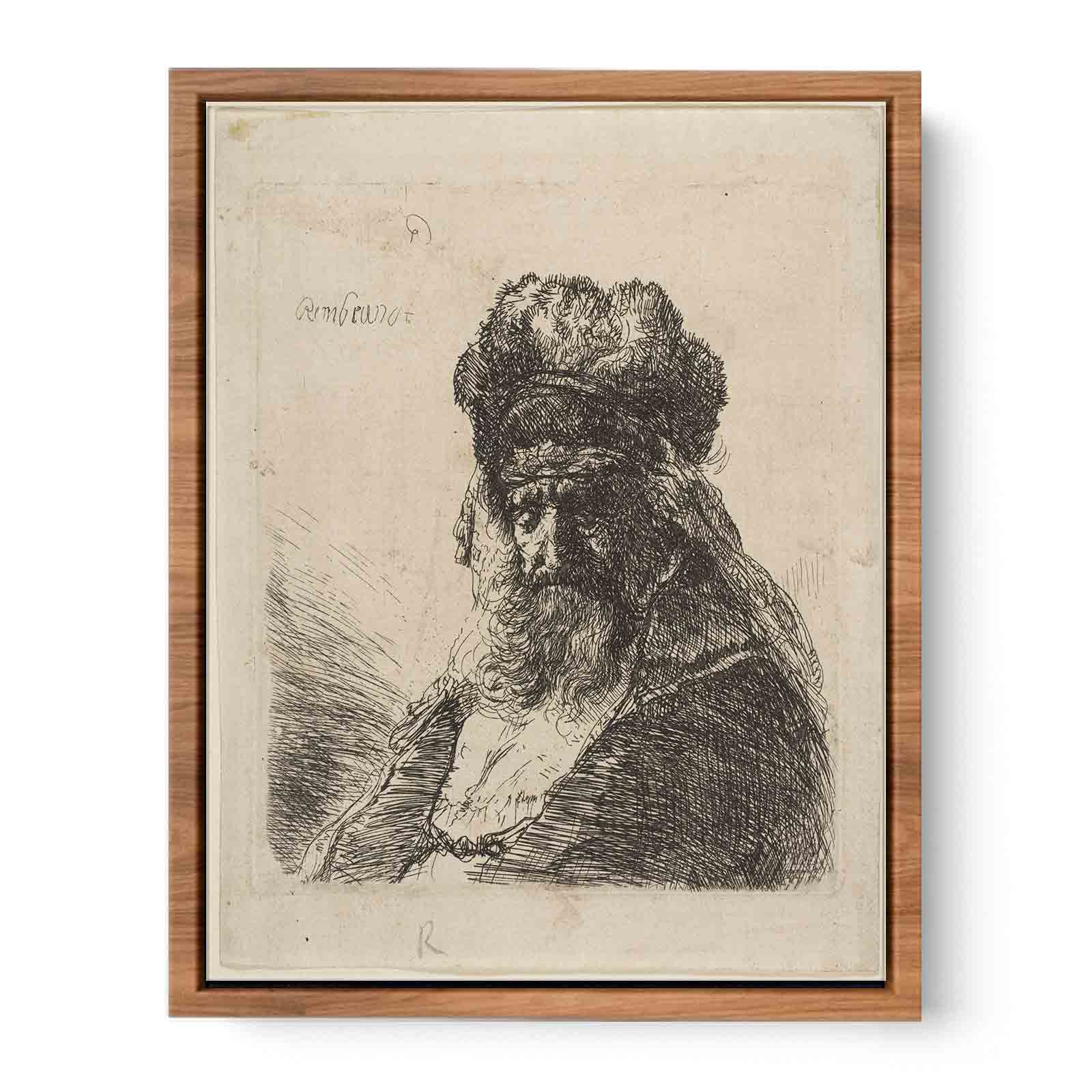 An old bearded Man in a high Fur Cap, with Eyes closed Painting