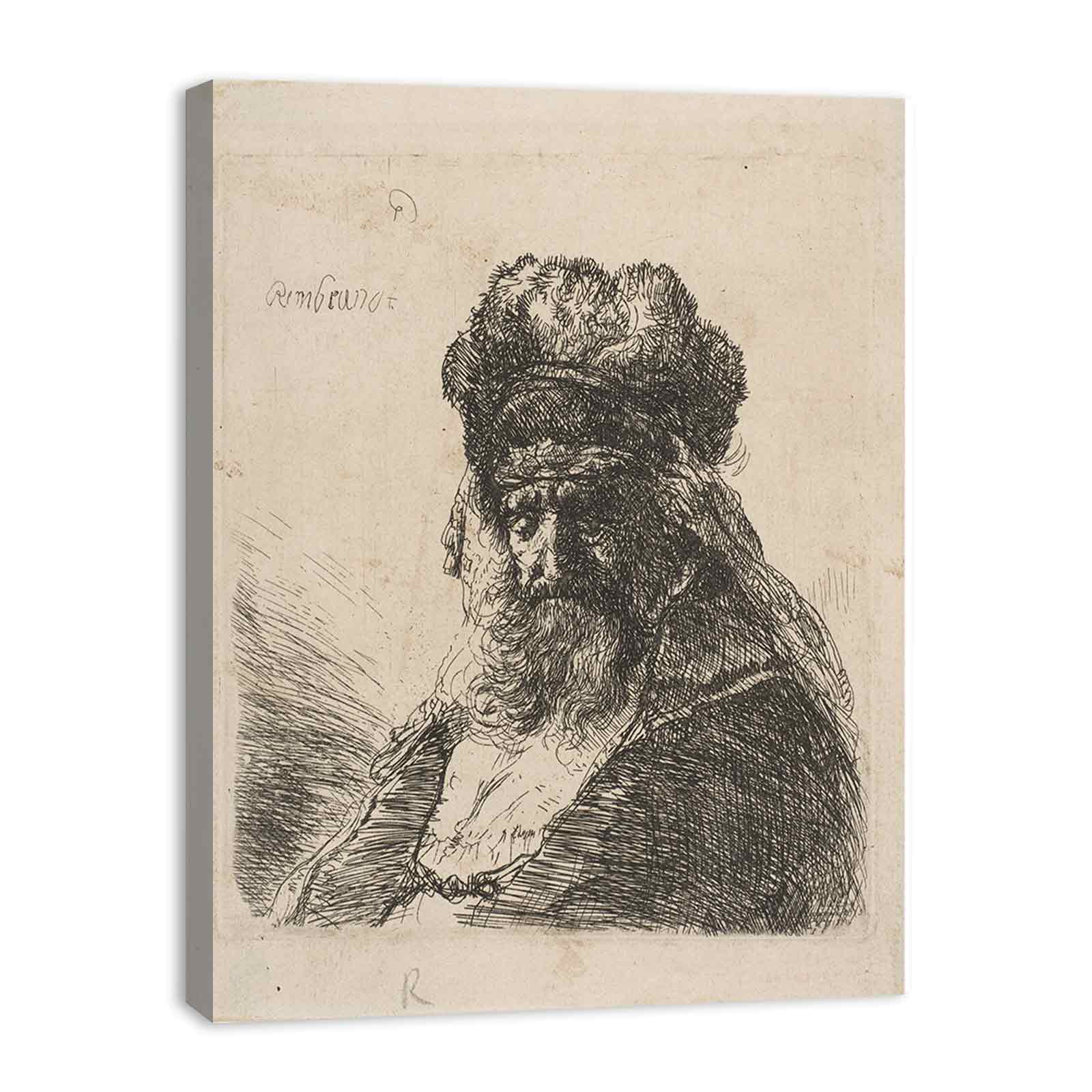 An old bearded Man in a high Fur Cap, with Eyes closed Painting