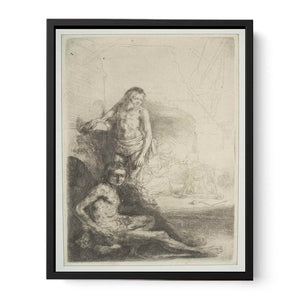A nude Man seated and another standing, with a Woman and a Baby lightly etched in the Background Painting