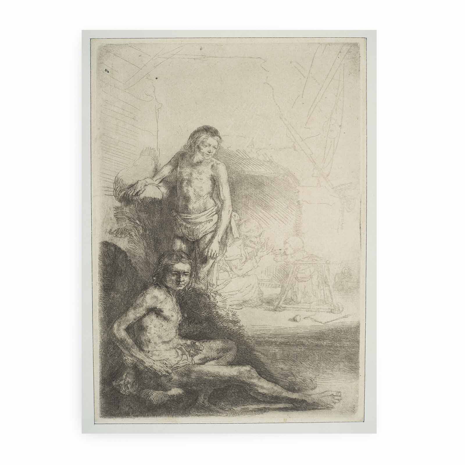 A nude Man seated and another standing, with a Woman and a Baby lightly etched in the Background Painting