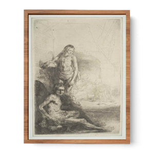 A nude Man seated and another standing, with a Woman and a Baby lightly etched in the Background Painting