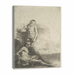 A nude Man seated and another standing, with a Woman and a Baby lightly etched in the Background Painting