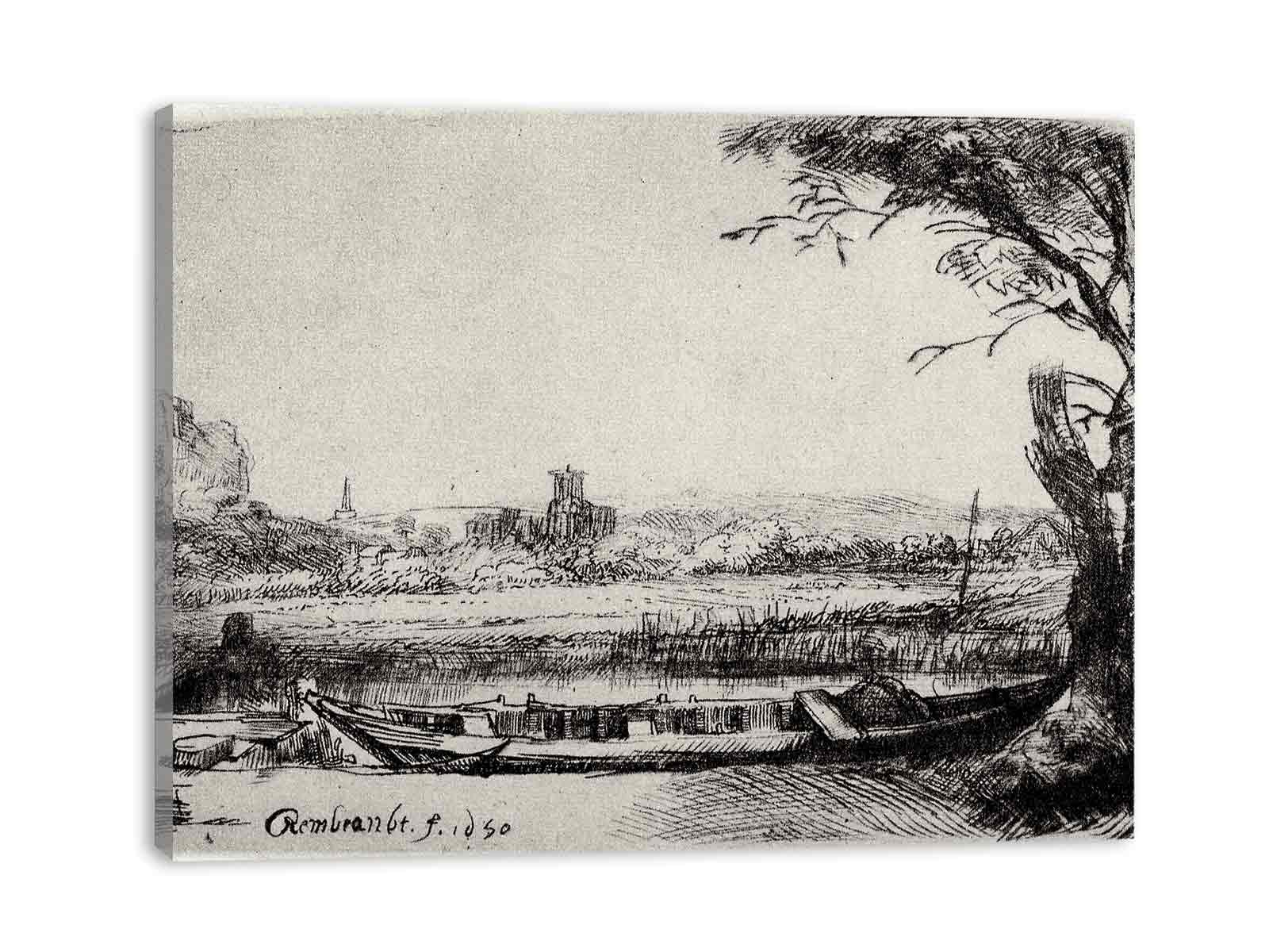 A Canal with a large Boat and Bridge Painting