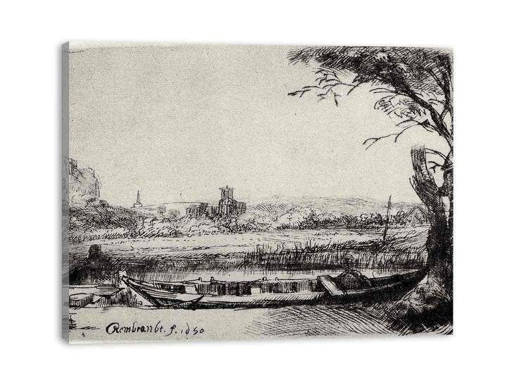 A Canal with a large Boat and Bridge Painting
