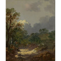 Wooded Landscape With Shepherd Resting By A Sunlit Track And Scattered Sheep 