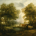 A wooded Landscape with Herdsmen, Cows and Sheep near a Pool, figures outside a cottage beyond 