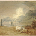 Coastal scene with shipping, figures and cows 