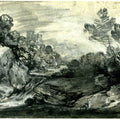 Rocky wooded landscape with waterfall, castle and mountain, 