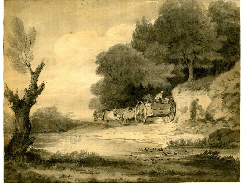 Figures with cart at roadside 