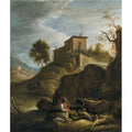 A Pastoral Landscape With A Herdsman Playing A Pipe Near A Waterfall 