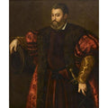 Portrait of Alfonso I, Duca di Ferrara, half length, wearing a fur trimmed coat, his right arm resting on a cannon barrel