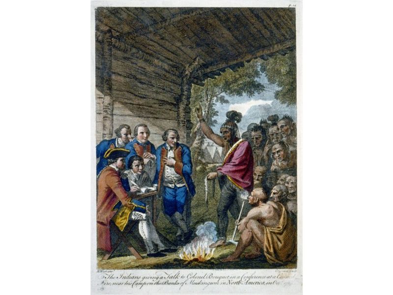 The Indians giving a talk to Colonel Bouquet in a conference at a council fire, near his camp on the banks of Muskingum in North America in Oct. 1764