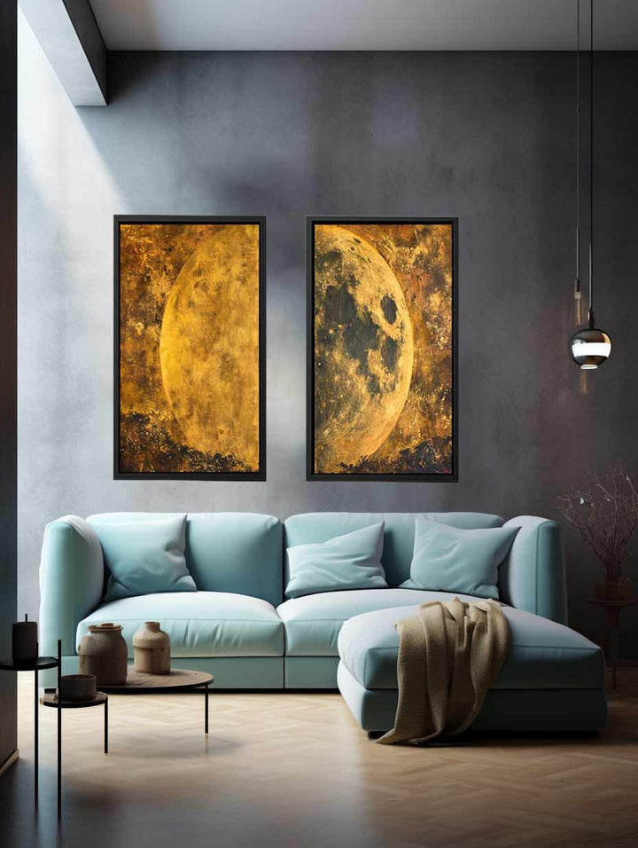 2 Panel Golden Moon Art Painting