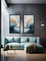Gold Blue Abstract Waves Painting Set artwork preview