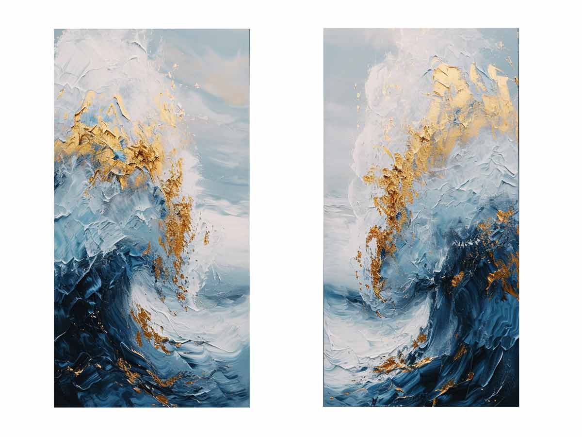 Gold Blue Abstract Waves Painting Set