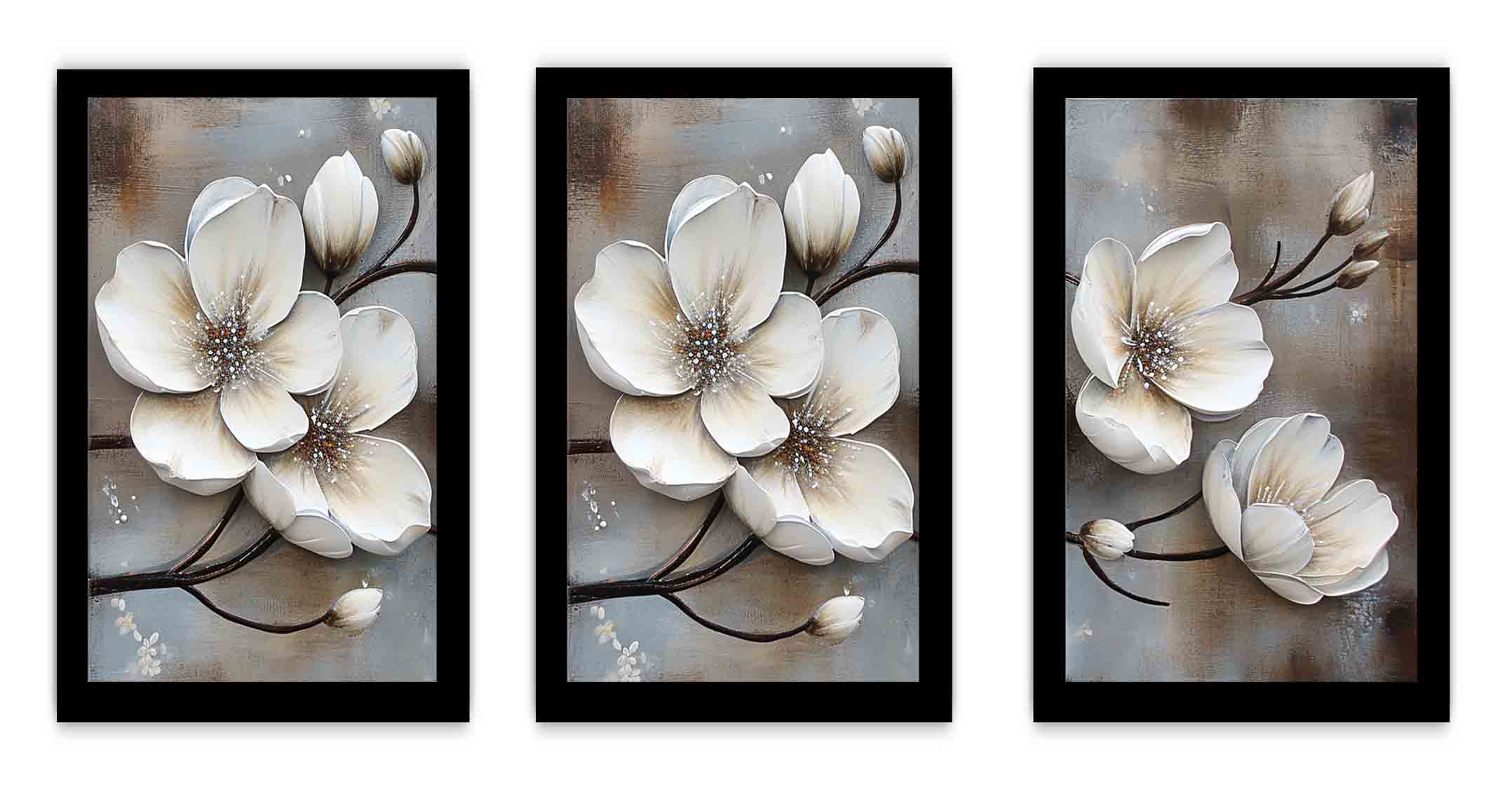 3 Panel White  Flower Painting