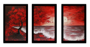 Red Beach Art Painting Set of 3